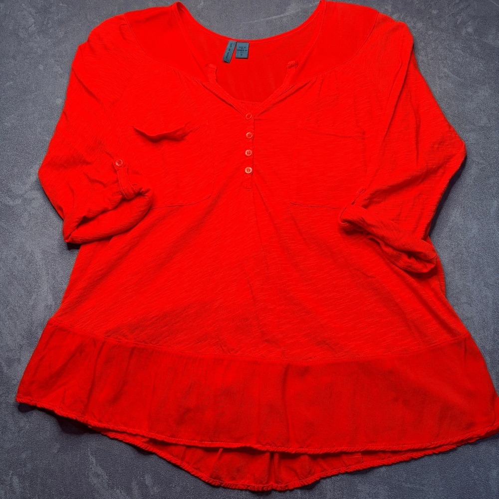 Anthropologie Left of Center Henley Tunic Small Red Orange Button Back Roll Tab